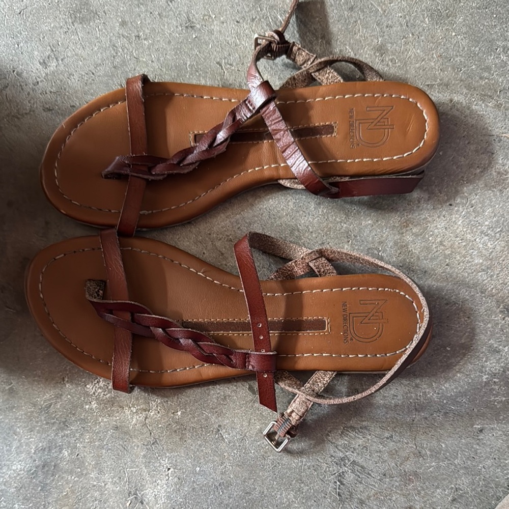 New Directions Brown Leather Sandals with Braided Straps